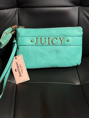 Juicy Couture Turquoise Leather Wristlet Clutch with Tassel